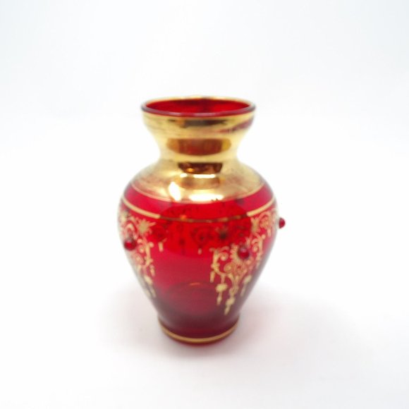 Vintage Hand Blown Red Glass Vase with Gold Design and Red Applied Glass Dots 4 - Picture 5 of 10